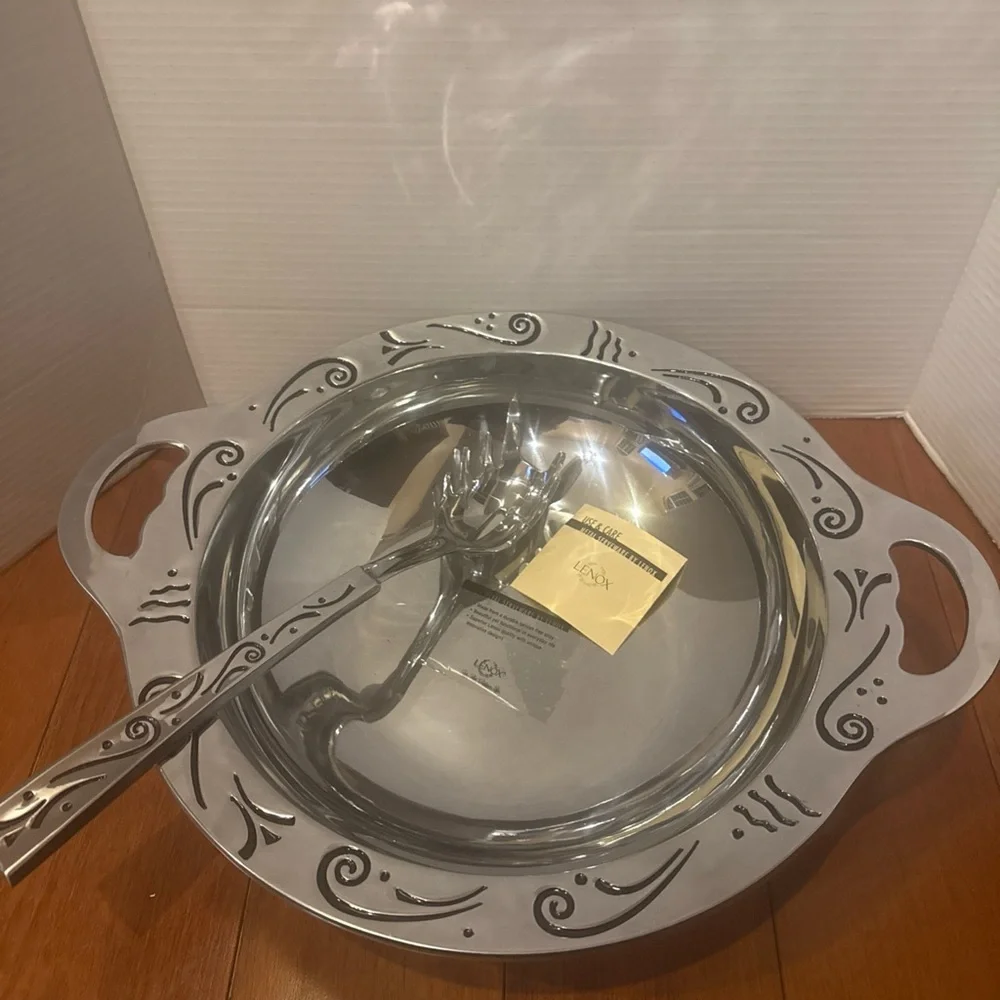 Lenox Spyro Metal Serveware Handle Pasta Bowl W/ Serving Spoon
